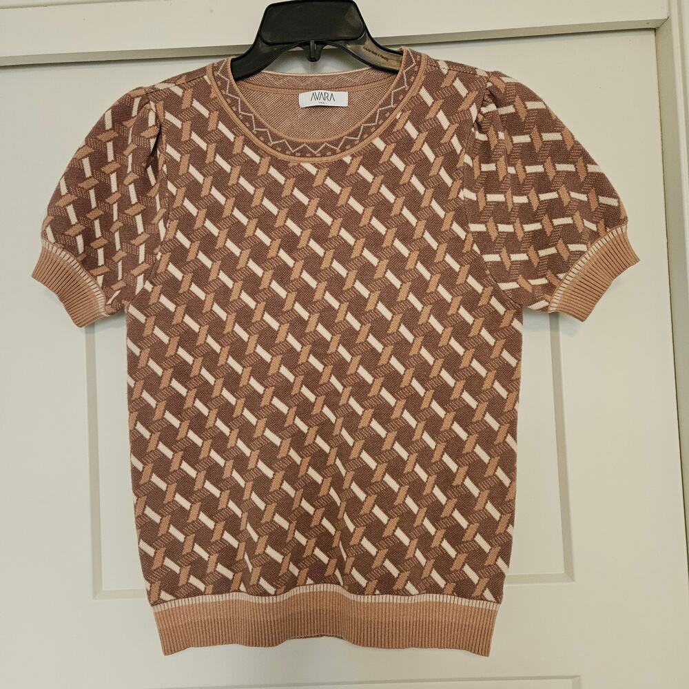 Avara Geometric Knit Sweater Tan Beige Ornamental Border Ribbed Cuffs Sz Small